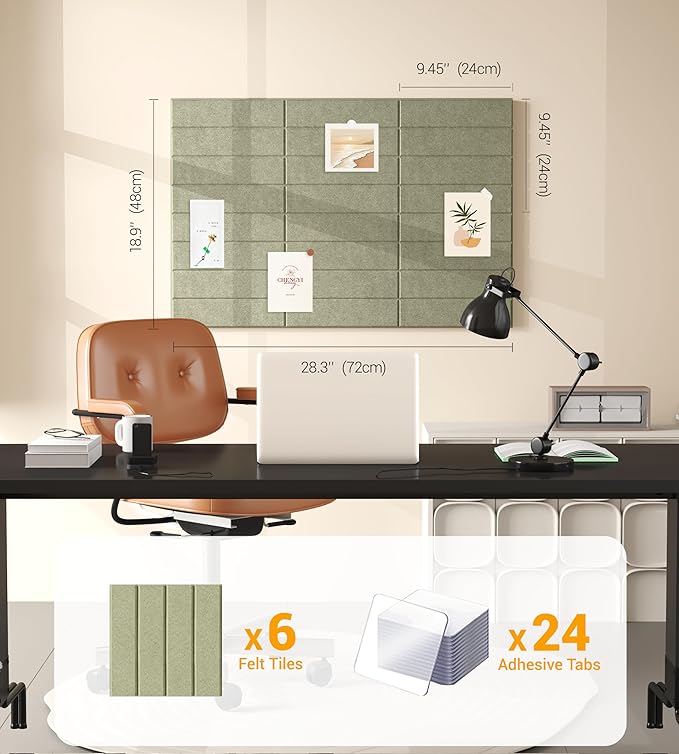 1/2" Thick Cork Board for Office, 6 Pack Felt Wall Tiles -28"x18" with Safe Adhesive Tabs, Large Bulletin Board, Push Pin Board Organizer Wall - Sage Green