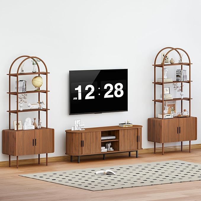 71" Tall Fluted Arched Bookshelf with Doors, Mid Century Modern Metal Bookcase Cabinet with Storage, 4-Tier Industrial Organizer Rack Storage Shelves for Home Office, Living Room (Walnut)