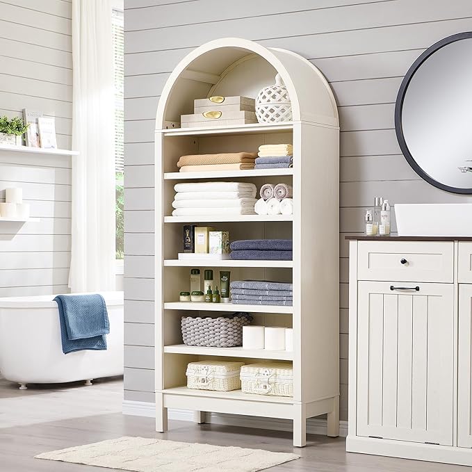 71" Tall Arched Bookshelf, 7 Tiers Arch Bookcase with Storage, Modern Farmhouse Book Shelf with Adjustable Shelves, Wood Bookshelf w/Open Display Shelves for Living Room, Office (Antique White)