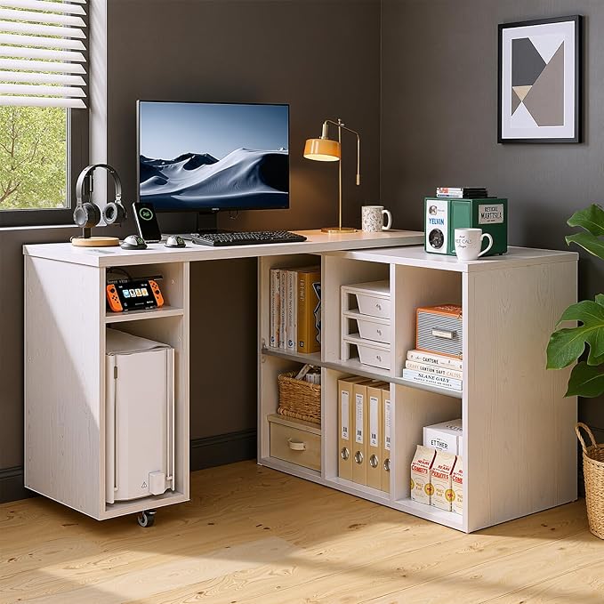 White L-Shaped Computer Desk Table with Charging Station–Small Study Writing Desk with Backless Storage Shelves, 67” Bedroom Side Table & 360°Rotating Desk