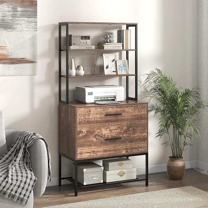 Giantex Tall 2-Drawer File Cabinet - Filing Cabinet w/Charging Station, 3-Tier Storage Shelves, Large Drawer, Hanging File Folders, Fits Letter A4 Legal Size, Printer Stand for Home Office (Brown)