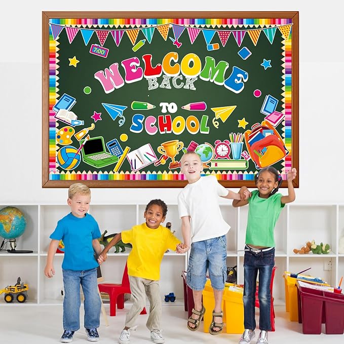 Welcome Back to School Bulletin Board Decorations First Day of School Theme Classroom Bulletin Board Border Set Pencil Notebook Schoolbag Paper Cutouts Preschool Chalkboard Wall Decor