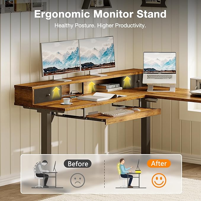 Casaottima 59 Inch Electric L-Shaped Standing Desk with Drawers, Height Adjustable Stand Up Corner Desk with Monitor Stand & Keyboard Tray, Lift Table for Home Office, Workstation, Rustic Brown
