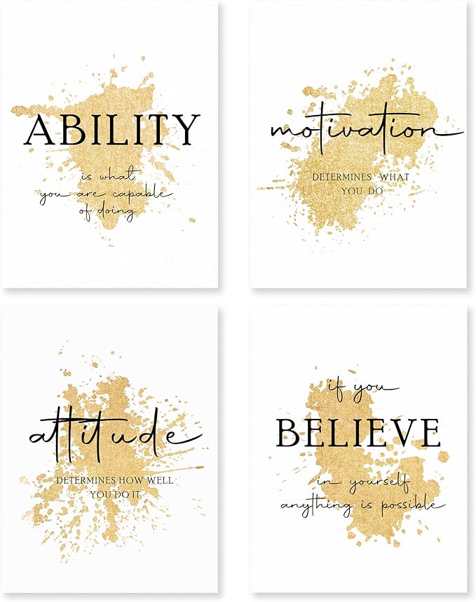 HRQKO Gold Inspirational Wall Art Set of 4, Motivational Prints, Modern Gold Artwork, Affirmations for Office Women 12'x16' Unframed