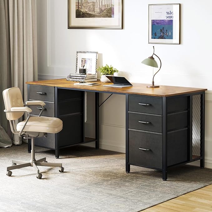 ODK 63 Inch Office Desk with 6 Fabric Drawers, Large Computer Desk for Home Office with Hidden Storage Shelves, Rustic Brown