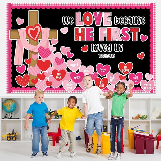 Valentine's Day Christian Jesus Bulletin Board Set Valentines Religious Bible Verse Bulletin Board Heart Cross Patterned Paper Cutouts for Church Sunday School Classroom Home Chalkboard Wall Decor