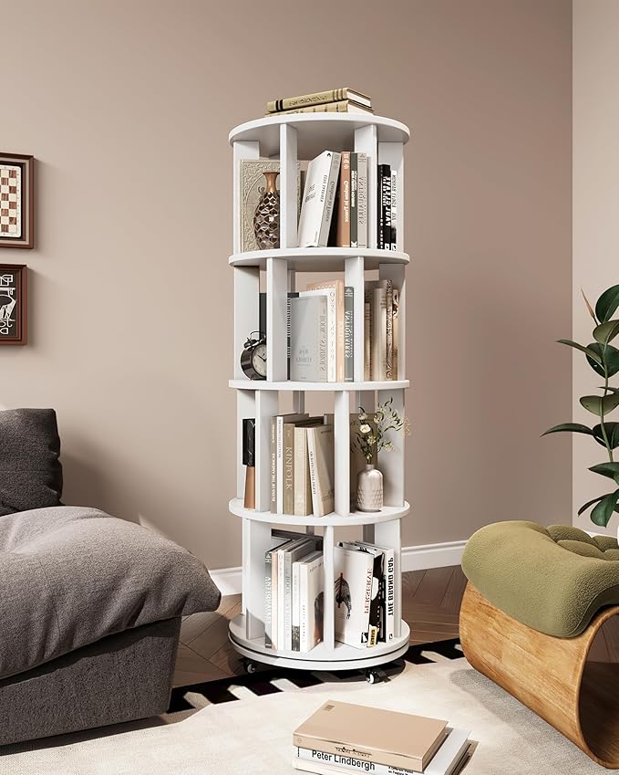 Rotating Bookshelf, 4 Tier Solid Wood Bookshelf Tower with Lockable Wheels, 360° Spinning Revolving Bookcase for Small Spaces, Corners, Bedroom, Kids Room, Home Office, White