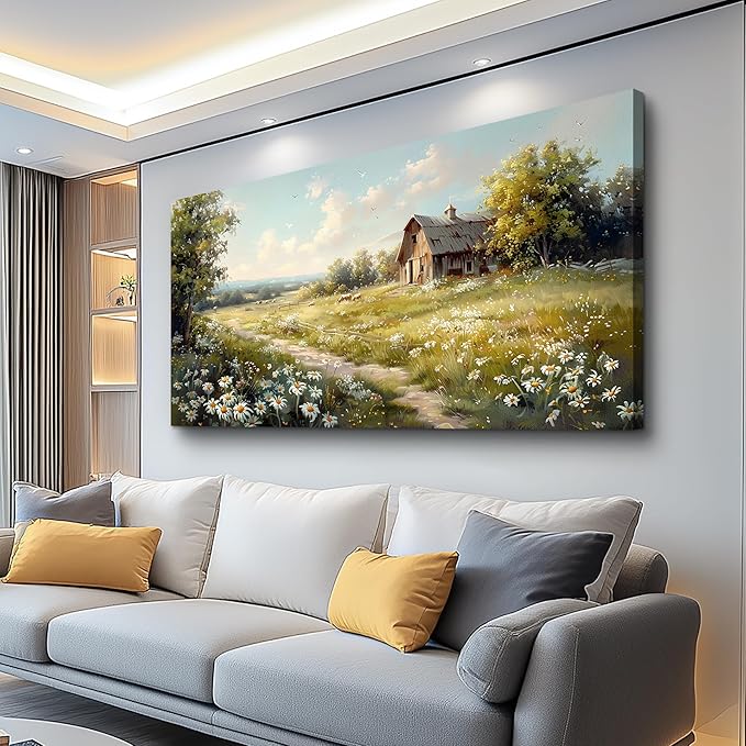 KELIYUAN Canvas Wall Art For Living Room Farmhouse Wall Decor For Bedroom Office Wall Decoration Vintage Country Field Landscape Painting Framed Prints Pictures Artwork Room Home Decor 20"x40"