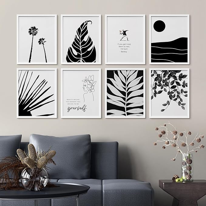 SIGNWIN Framed Poster Bathroom Decor 11"x14"x 8 White, Wall Art Room Decor Multicolor for Living Room, Bedroom, Office Black White Duotone Tropical Palm Landscape Nature Abstract Shapes
