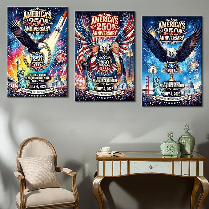DINGFUN Semiquincentennial 3 Panel Canvas Art, USA 250th Anniversary Patriotic Wall Decor, 1776-2026 American Flag Eagle Framed Painting for Home Bedroom and Office Decor, 48x24 Inch
