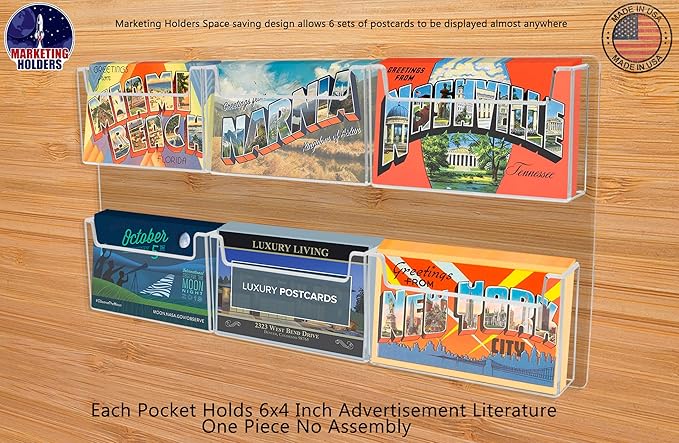 Marketing Holders Postcard Holder Holds 6" x 4" Printed Material Clear Acrylic Wall Mount Index Cards Display Rack with Hanging Hardware 6 Pocket Recipe Invitation Caddy Souvenir