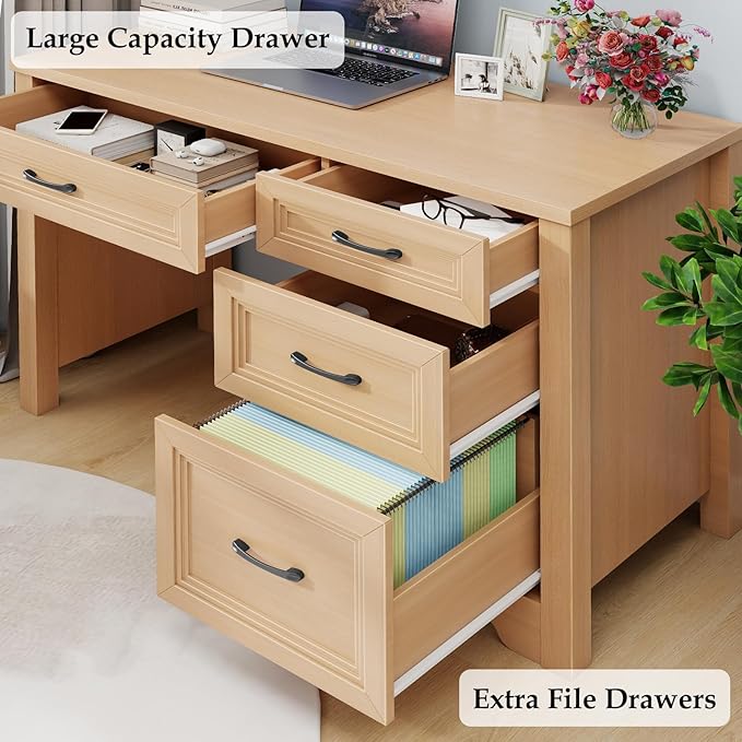 Farmhouse Executive Desk with Drawers, Wood Computer Desk with Ample File Drawer, Rustic Home Office Desk with Storage for Bedroom, Living Room, Natural
