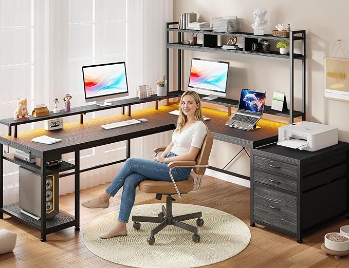 EnHomee 64 x 60 Inches L Shaped Desk with Hutch and Drawers, Gaming Desk with Power Outlet & Monitor Stand & LED Lights, Computer Corner Desk, Two Person Office Desk for Living, Gaming Room, Black