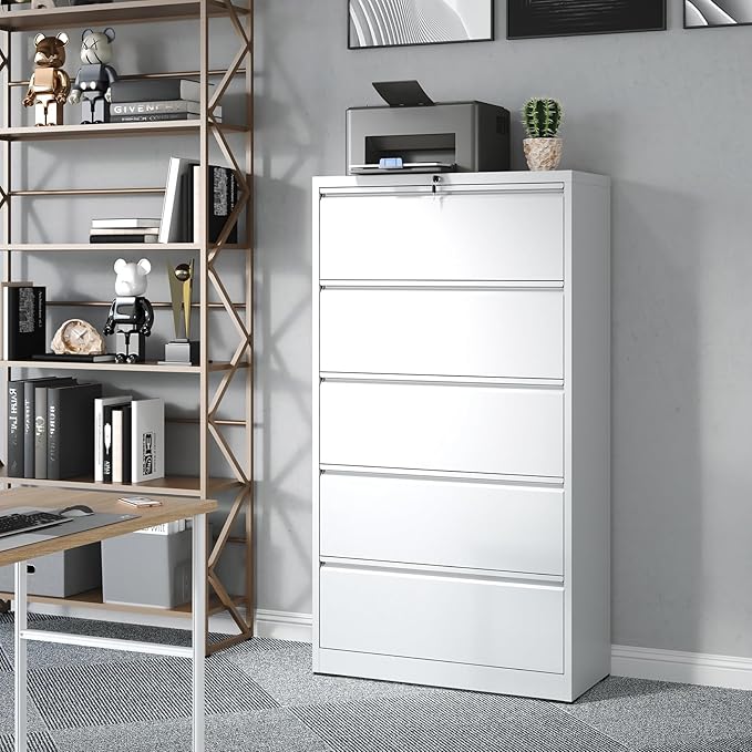 5 Drawer File Cabinet,Metal Lateral Filing Cabinet with Lock,Home Office Storage Organizer Cabinet for Legal/Letter/A4/F4 Size Files,35.5" W,White