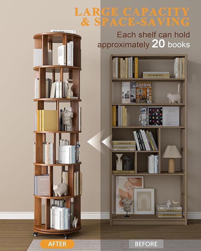 Rotating Bookshelf, 6 Tier Solid Wood Bookshelf Tower with Lockable Wheels, 360° Spinning Revolving Bookcase for Small Spaces, Corners, Bedroom, Kids Room, Home Office, Walnut