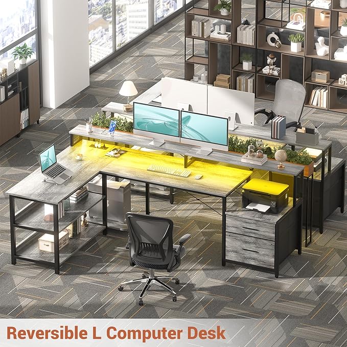 Aheaplus L Shaped Desk with File Drawer, 72.8" Reversible L Shaped Computer Desk with Power Outlet & LED Strip, Gaming Desk with Monitor Stand, Office Desk Corner Desk with Storage Shelf, White Oak