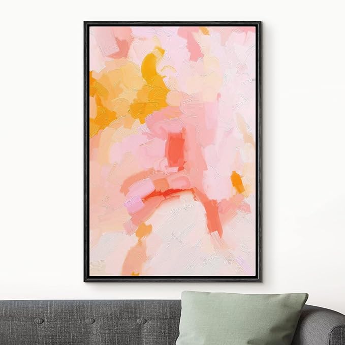 MUDECOR Framed Canvas Print Wall Art Pastel Pink & Orange Color Field Abstract Shapes Watercolor Modern Art Contemporary Multicolor Ultra for Living Room, Bedroom, Office - 24"x36" Black