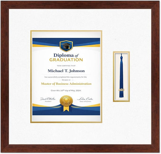 Diploma Frame with Tassel Holder Rustic Walnut Shadowbox Oyster Shell Over Gold Mat - Fits 8.5 x 11 Degree Made in the USA