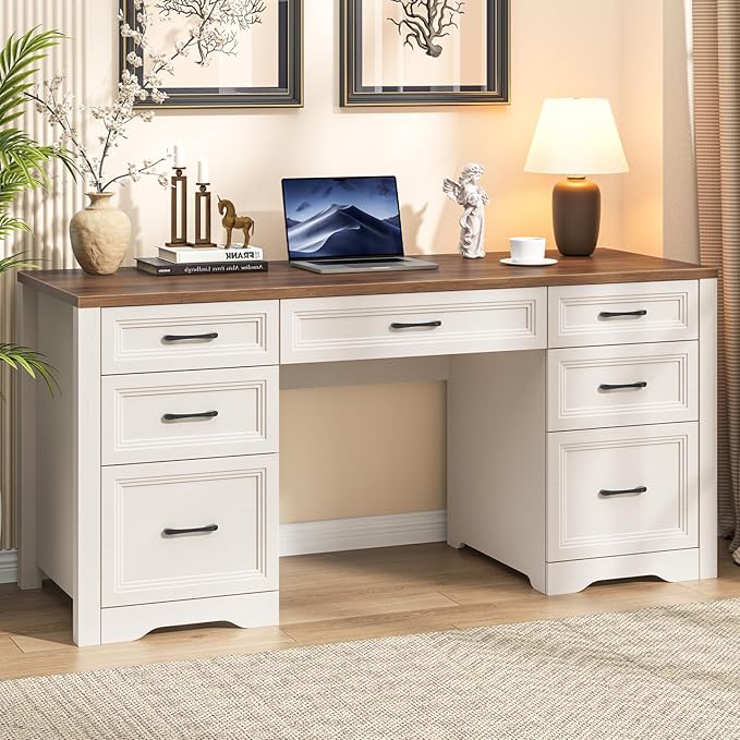 Farmhouse Executive Desk, Wood Home Office Desk with 2 Large File Drawers and 5 Storage Cabinets, Rustic Writing Desk for Work and Study, Brown
