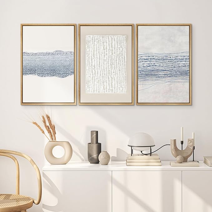 SIGNWIN Framed Canvas Print Wall Art Set Blue White Grunge Geometric Pattern Abstract Shapes Cozy Neutral Decorative Contemporary Minimal for Living Room, Bedroom, Office - 24"x36"x3 Natural