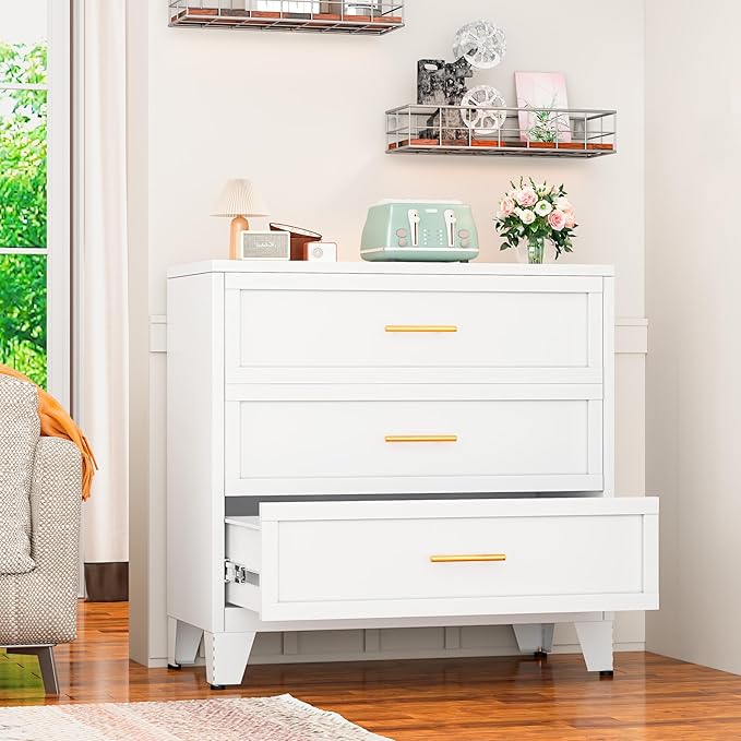 3 Drawers Dresser for Bedroom, Metal Closet Drawer Dresser Chest Organizer, Drawer Cabinet for Home Office Collection and Storage Small Size Files (White)