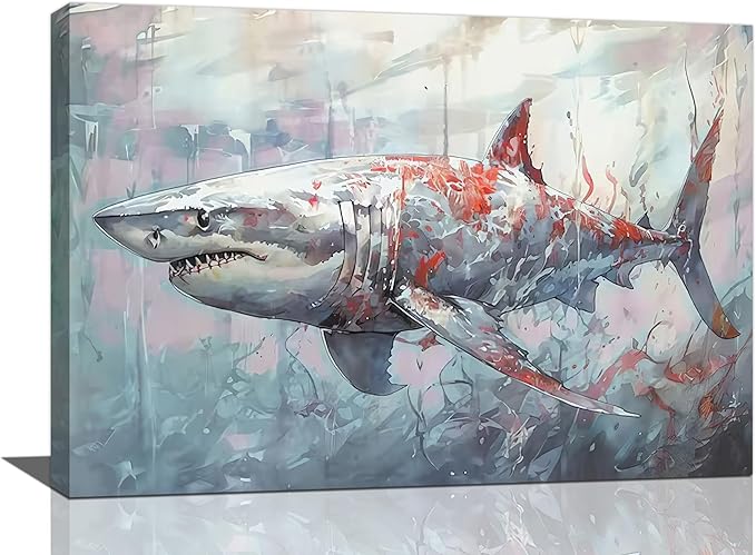 yerretin Ocean Shark Wall Art Nautical Shark Pictures Wall Decor Beach Coastal Undersea Canvas Painting Modern Artwork Home Decorations for Bathroom Bedroom Living Room Office Framed 24"x16"