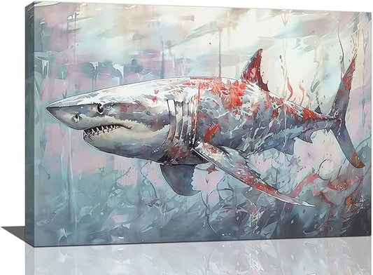 yerretin Ocean Shark Wall Art Nautical Shark Pictures Wall Decor Beach Coastal Undersea Canvas Painting Modern Artwork Home Decorations for Bathroom Bedroom Living Room Office Framed 24"x16"