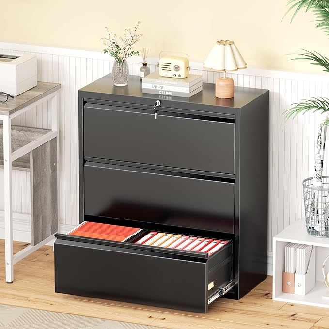 Greenvelly Lateral File Cabinet 3 Drawer, Lockable Metal Filing Cabinets for Home Office, Black Metal File Cabinet with Lock for Legal/Letter/A4/F4 Size