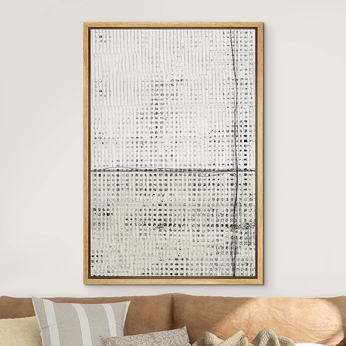 IDEA4WALL Framed Canvas Print Wall Art Grunge White Tan Geometric Grid Pattern Abstract Shapes Illustrations Modern Art Contemporary Relax/Calm for Living Room, Bedroom, Office - 16"x24" Natural