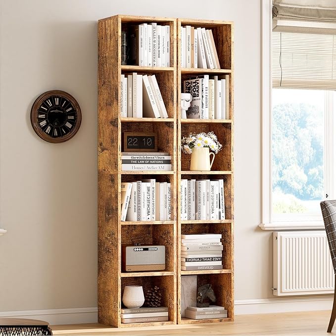Narrow Bookshelf & Bookcase Set of 2, 6-Tier Floor Standing Open Book Shelf, Modern Corner Bookshelf with Storage Space, 71.5" Tall Bookshelves for Bedroom, Living Room and Office, Brown