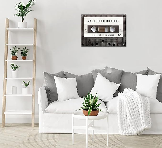 Inspirational Office Canvas Wall Art Picture Vintage Cassett Tape Prints Make Good Choices Life Has No Rewind Inspiring Artwork Motivational Wall Decor for Office Bedroom Living Room 24x36in Framed