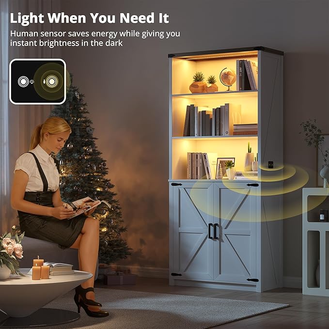HWB 2PS Bookshelf and Bookcase with Doors, Farmhouse 5 Tier Book Shelves with Storage Cabinet, Floor Standing Bookcases with 3-Color Lights for Home Office, Living Room, Bedroom, White