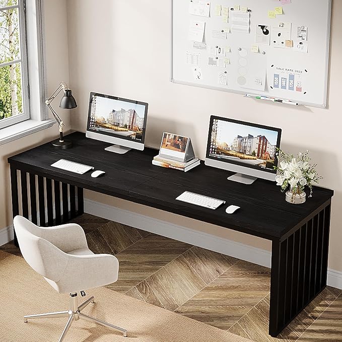 Tribesigns 78" Computer Desk, Extra Long 2-Person Desk with Metal Legs, Double Writing Table with Spacious Space, Industrial Wooden Office Desk, Large Study Desk Workstation for Home Office (Black)