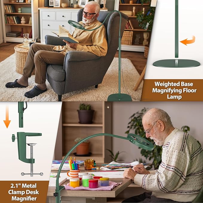 10X Magnifying Glass with Light and Stand, 24" Flexible Gooseneck Magnifying Floor Lamp, 3-in-1 LED 5 Color Modes Stepless Dimmable Lighted Magnifier Hands Free for Close Work, Reading - Green