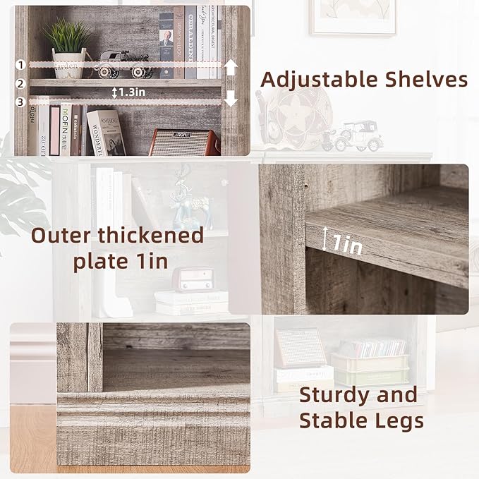 43" Grey Tall Bookshelf Set of 2,3-Tier Thick Wooden Book Shelf with Adjustable Shelves,Free Standing Farmhouse Bookcase with Open Display Storage,Floor Vintage Bookshelves for Living Room