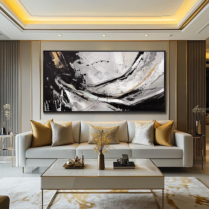 Home Decor Black and White Abstract Painting for Office Bedroom Decorations Framed Canvas Wall Prints Gold Pictures Wall Art for Home 29"x 58"