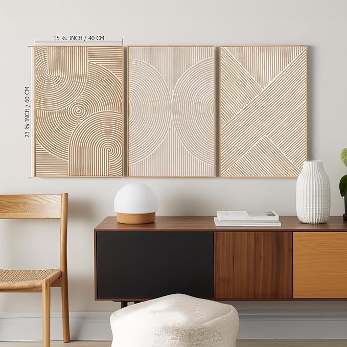 Zessonic Neutral Minimalist Textured 3D Wall Art Abstract Hand-Painted Framed Wall Decor Geometric Artwork Canvas Paintings- Living Room Bedroom Office - Modern Boho Neutral Line 16"x24" 3 piece