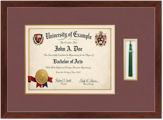 CountryArtHouse Diploma and Tassel Frame Fits 13 x 10 College Diploma (Traditional) with Ta Rustic Walnut Genuine Hardwood Shadowbox with Dark Red Over Metallic Gold Double mat