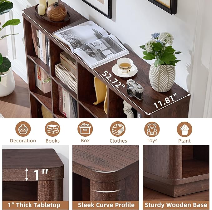 12 Cube Storage Organizer, 41" Large Bookshelf with Curved Edge, Wood Floor Standing 3-Tier Cubby Bookcase w/Base, Vintage Display Storage Cabinet, Book Case for Living Room, Office, Walnut