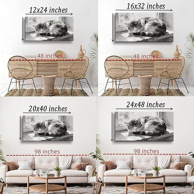Black White Cat Framed Canvas Wall Art for Bedroom, Minimalist Animal Wall Decor 40" L x 20" W