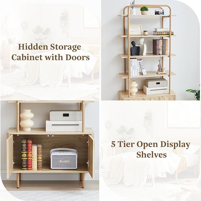 71" Tall Bookshelf with Door, 6-Tier Bookcase Modern Metal Book Shelf with Open Shelves & Adjustable Footpad Freestanding Storage Cabinet for Living Room, Home Office (Natural)