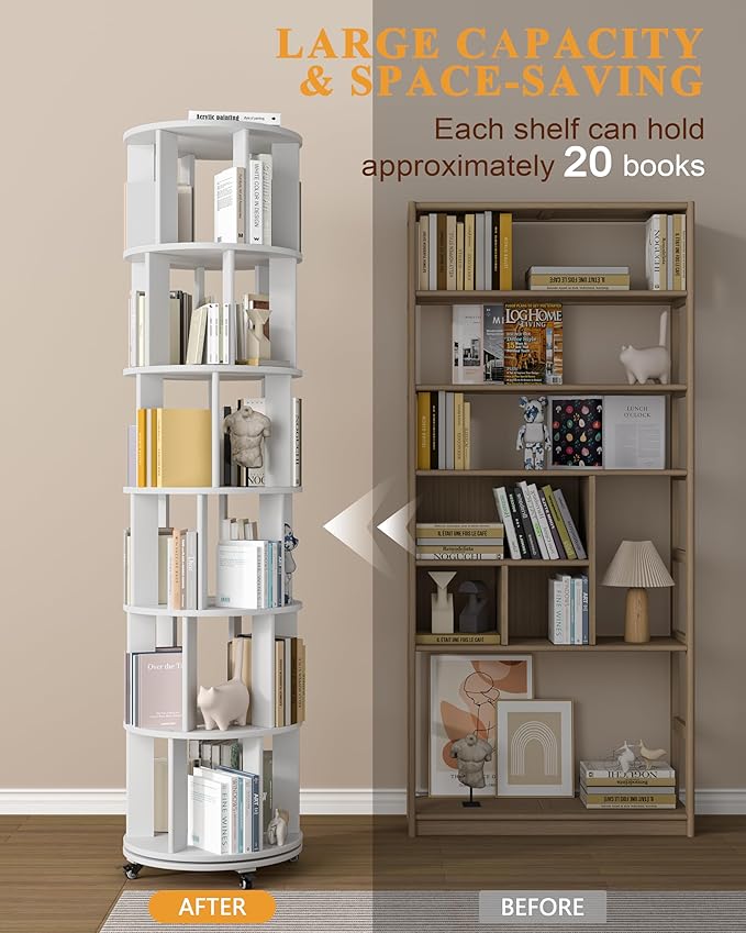 Rotating Bookshelf, 6 Tier Solid Wood Bookshelf Tower with Lockable Wheels, 360° Spinning Revolving Bookcase for Small Spaces, Corners, Bedroom, Kids Room, Home Office, White