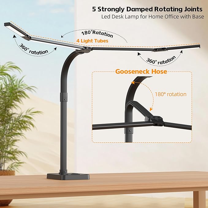 desk lamp for home office，Architect Led Desk Lamp with 25 Lighting Modes Adjustable Flexible Gooseneck, 24W Ultra Bright Task Lamp with Atmosphere Lighting（Black Desktop)