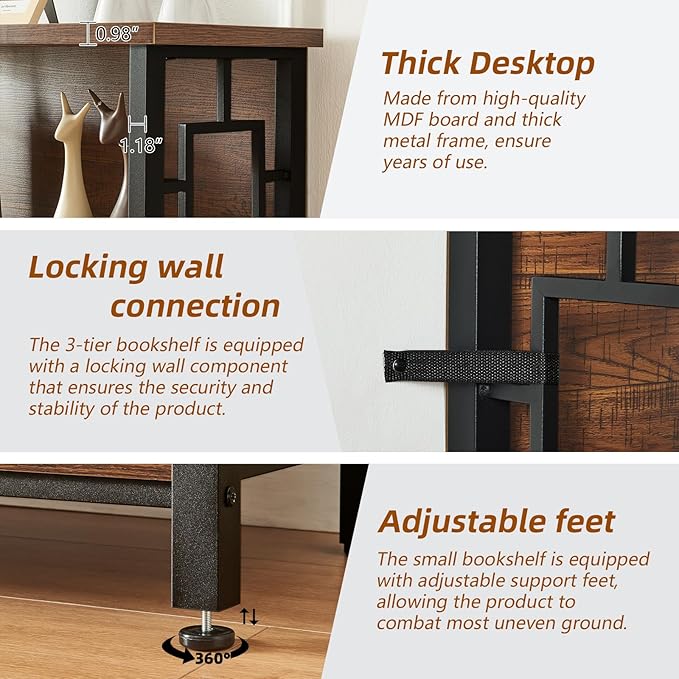 HOMISSUE Book Shelf, 4 Tier Deep Bookshelf with Storage, Engineered Wood and Metal Shelf Bookcase, Low Short Bookcases for Small Space, Living Room, Bedroom, Office, Rustic Brown