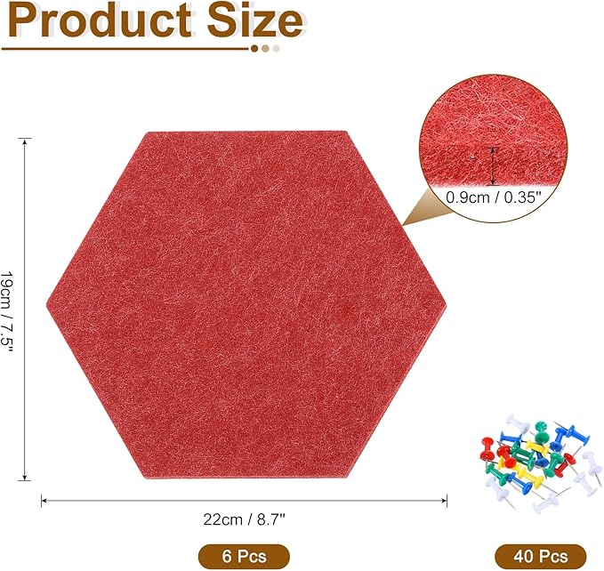 uxcell 6 Pcs Hexagon Felt Pin Board with 40 Pcs Pushpins 8.7" x 7.5" Self Adhesive Felt Bulletin Board Cork Boards for Walls Decorations Paste Notes Photos Schedules, Red