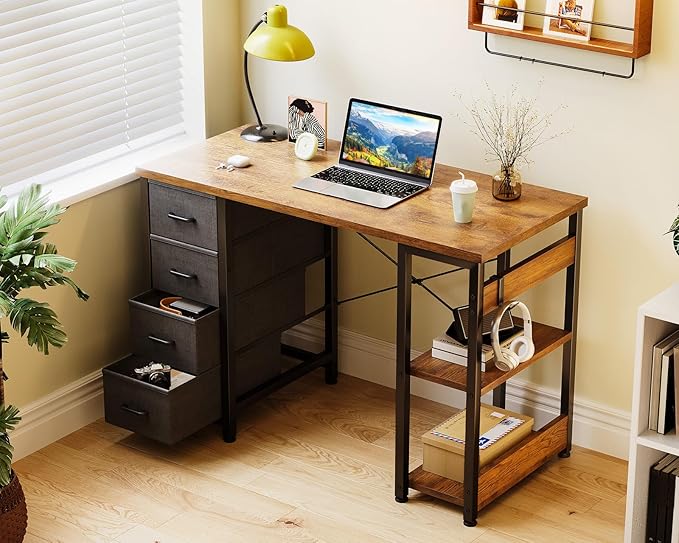 Casaottima 40 Inch Small Computer Desk with 4 Fabric Drawers, Modern PC Desk for Small Spaces, Home Office Desk with Storage Shelves, Vintage