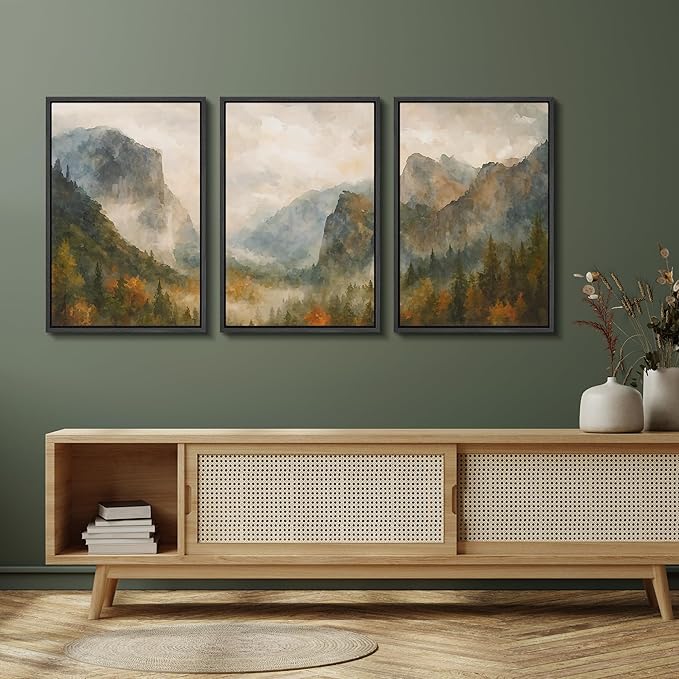 SIGNFORD Framed Wall Art Print Set Misty Mountain Valley Watercolor Serene Nature Landscape Digital Art Modern Art Contemporary for Living Room, Bedroom, Office - 16"x24"x3 Black