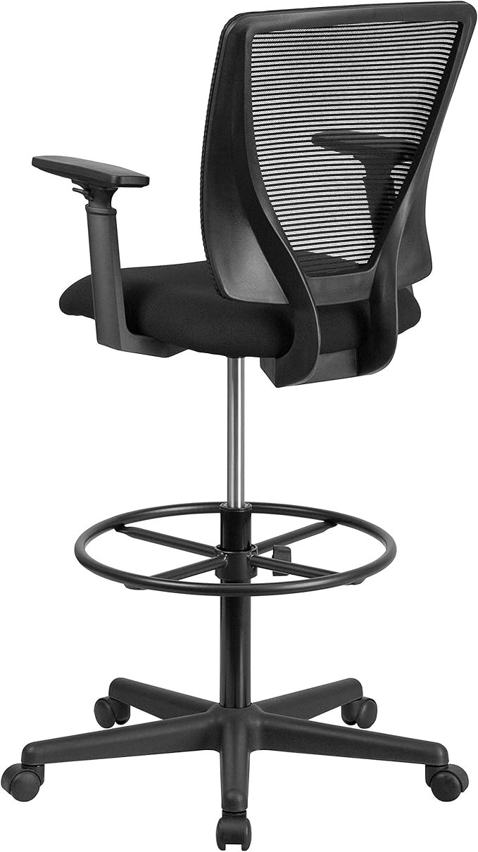 Flash Furniture Harper Ergonomic Mid-Back Mesh Drafting Chair with Black Fabric Seat, Adjustable Foot Ring and Adjustable Arms