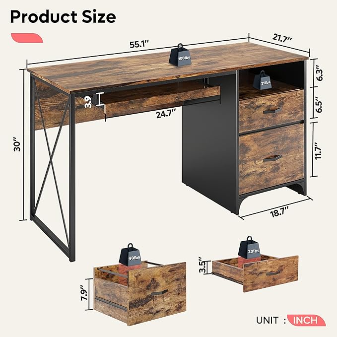 Bestier Office Desk with Drawers, 55 inch Industrial Computer Desk with Storage, Wood Teacher Desk with Keyboard Tray & File Drawer for Home Office, Rustic Brown