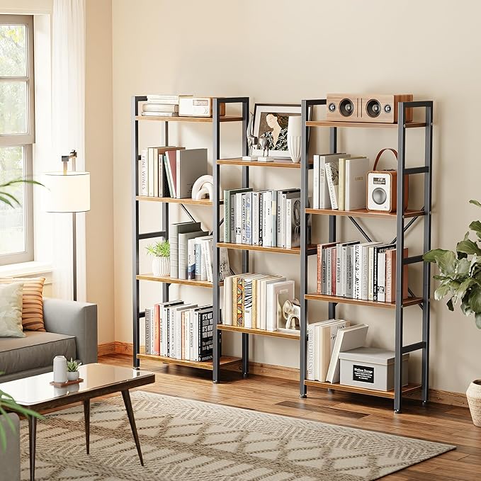 SUPERJARE Triple Bookshelf, Bookcase with 11 Open Display Shelves, Wide Book Shelf Book Case for Home & Office, 4 Tier, Brown